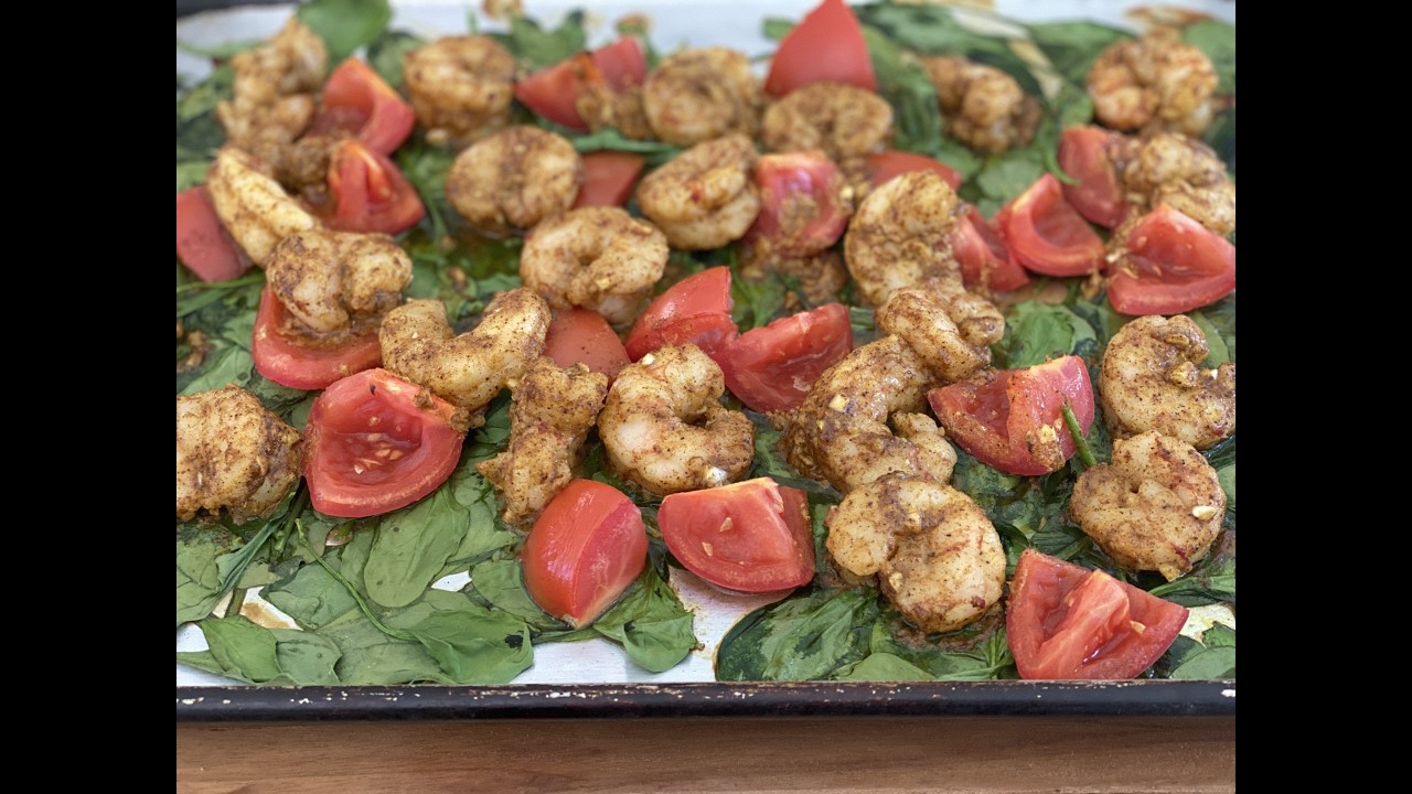 SHEET PAN SHRIMP TIKKA with Spinach and Tomatoes
