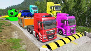 Flatbed Trailer Tractor vs Rails and Speed Bumps vs Cars - Deep Waters - BeamNG.Drive