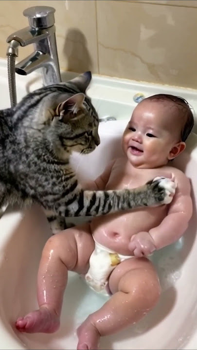 Cat bathes baby