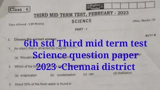 6th std Third mid term test Science question paper 202