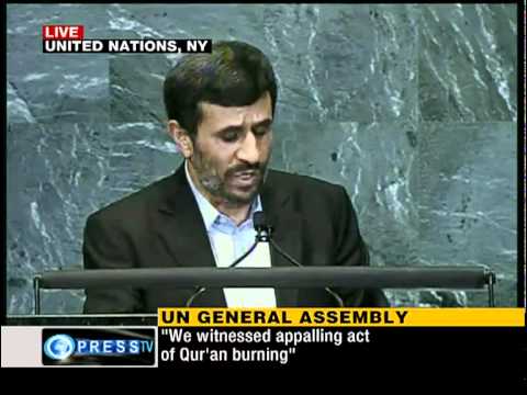 President Ahmadinejad addresses UN General Assembly Part 03 Iran's President Mahmoud Ahmadinejad , addressing UN General Assembly Thursday, strongly criticized the US-led occupation of Afghanistan and Iraq, using the suspicious 9/11 attacks as a pretext. President Ahmadinejad emphasized that as a result of the US-led invasion of the two countries terrorism, poverty, and destruction was imposed on their nations. The Iranian president also blasted the Israeli siege of Palestinian lands and their repeated crimes and aggressions against Gaza and Lebanon with blessings from their Western supporters. On the Iranian nuclear issue, President Ahmadinejad reiterated Iran's readiness to resume talks based on the Tehran Nuclear Declaration, censuring the unjust imposition of anti-Iran sanctions by the UN Security Council. He also censured the world body's inaction towards Israel's nuclear activities. He also expressed sympathy with the people and government of flood-stricken Pakistan and urged the world to provide aid and support for the flood victims. Earlier, US President Barack Obama claimed that the "door was open" to a diplomatic solution on the stand-off over Iran's nuclear program. Iran rejects accusations by Israeli and its allies that Tehran's nuclear program harbors a military aspect, arguing that as a signatory to the Nuclear Non-Proliferation Treaty the country has the right to use peaceful nuclear energy. The county has criticized the international communities silence <b>...</b>