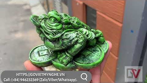 Tượng đá cóc 3 chân thiềm thừ ngậm tiền vàng tài lộc phong thủy - Dài 11cm - Màu Xanh Lục Bích