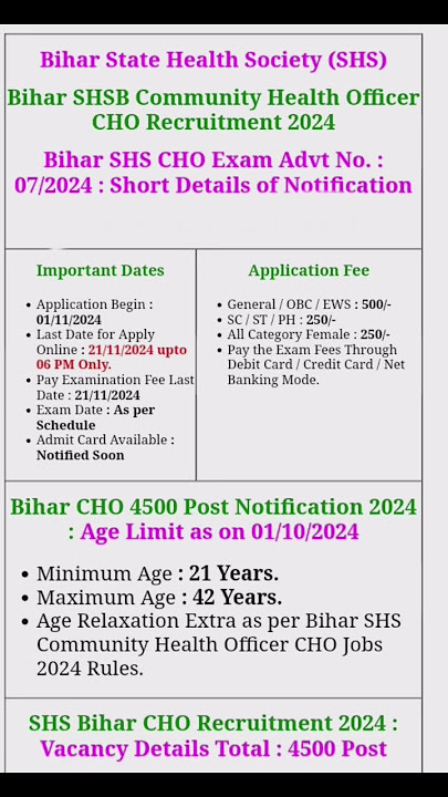 Bihar SHSB Community Health Officer CHO Recruitment 2024 #bihar #shsb #community #health #officer