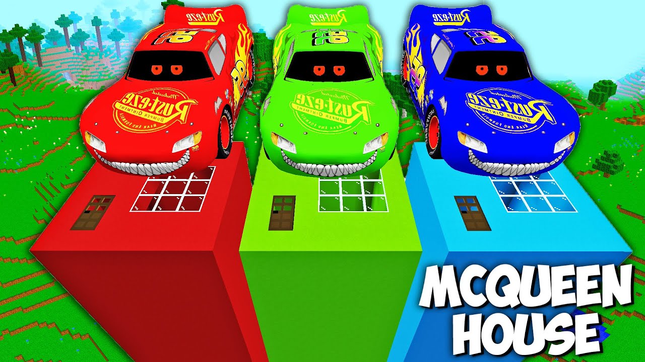 can BUILD a LONGEST MCQUEEN EXE in Minecraft! WHICH RED GREEN BLUE SECRET HOUSE TO CHOOSE