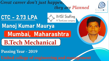 Congrats, Manoj | Selected in "IMSI Pvt Ltd" | 2.73 LPA | MECHANICAL ENGINEER, Passing 2019 | Mumbai