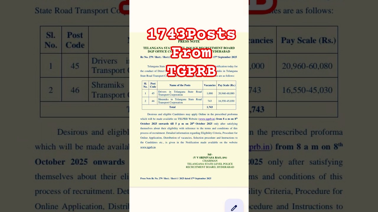 NOTIFICATION TELANGANA STATE LEVEL POLICE RECRUITMENT BOARD DGP 1743Posts2025  