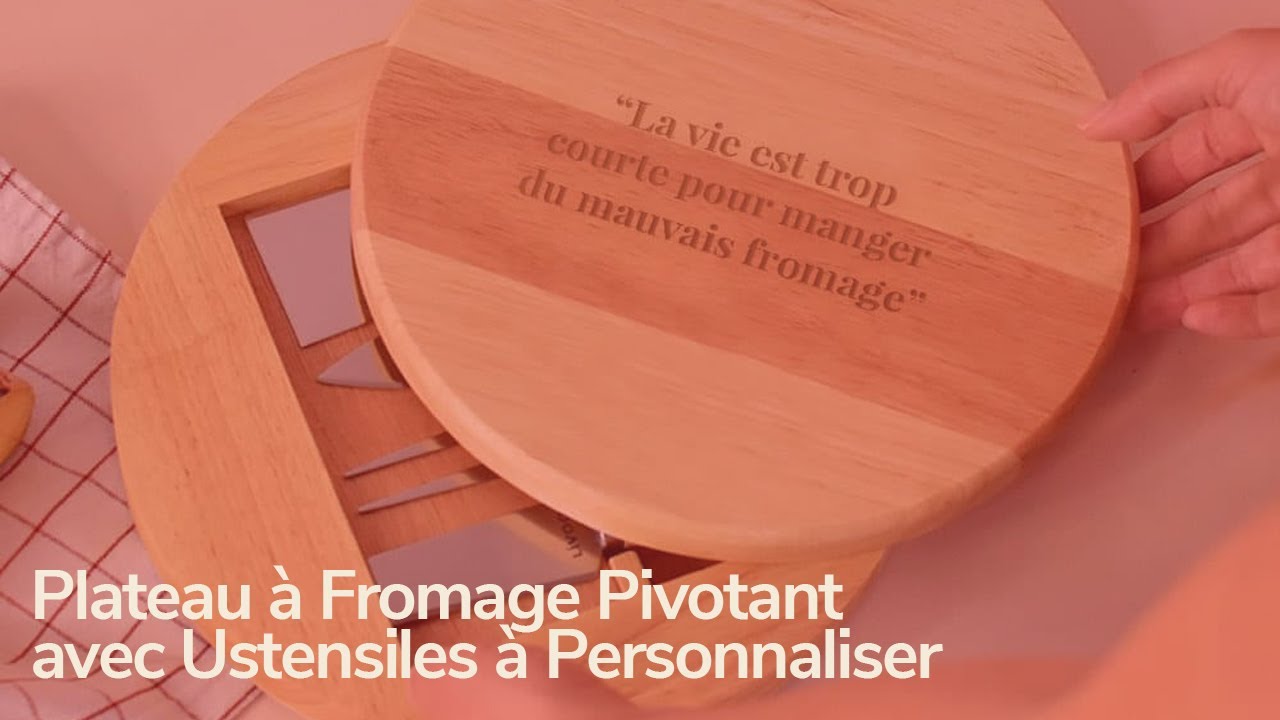 Plateau à Fromage Rotatif En Bois Avec Couteaux - Diamètre 20 Cm, 4 Couteaux Inclus - Pour Apéro, Pique-nique - 5