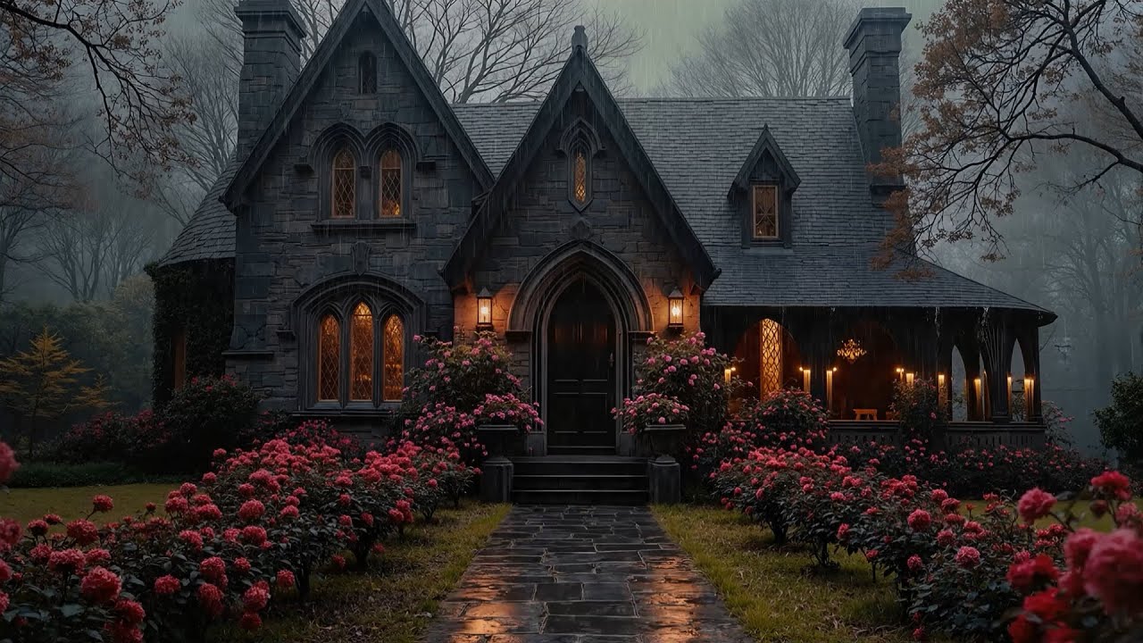Misty Gothic Cottage with Rose Garden 🌹 | Rainy Ambience |  Dark Academia Cello Study Music