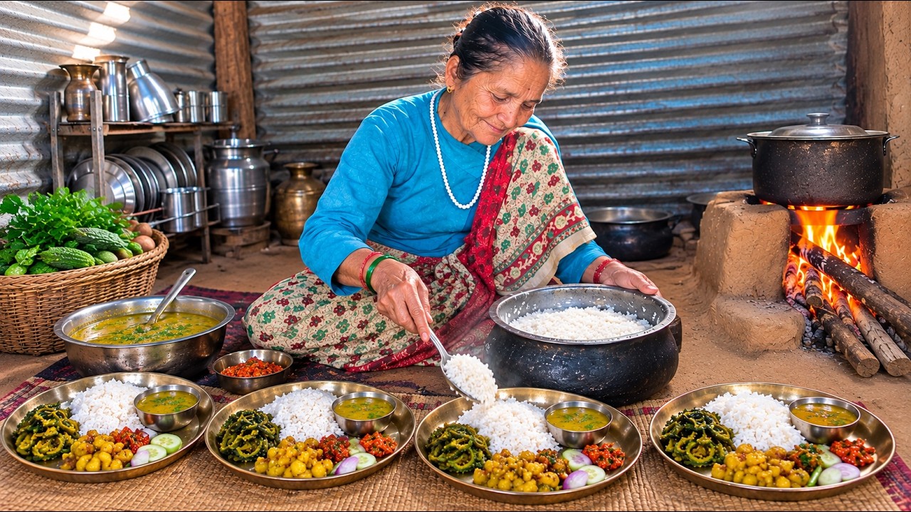 Nepali Village Cooking || Dal Bhat, Spicy Green Bitter Gourd & Snake Gourd Curry on a Open fire ||