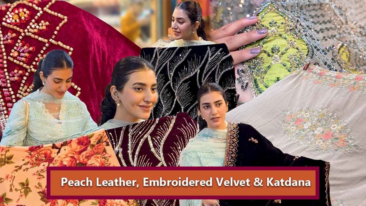 Peach Leather Shawl Suits | Embroidered & Katdana Velvet | China Center Rawalpindi | Best Discounts