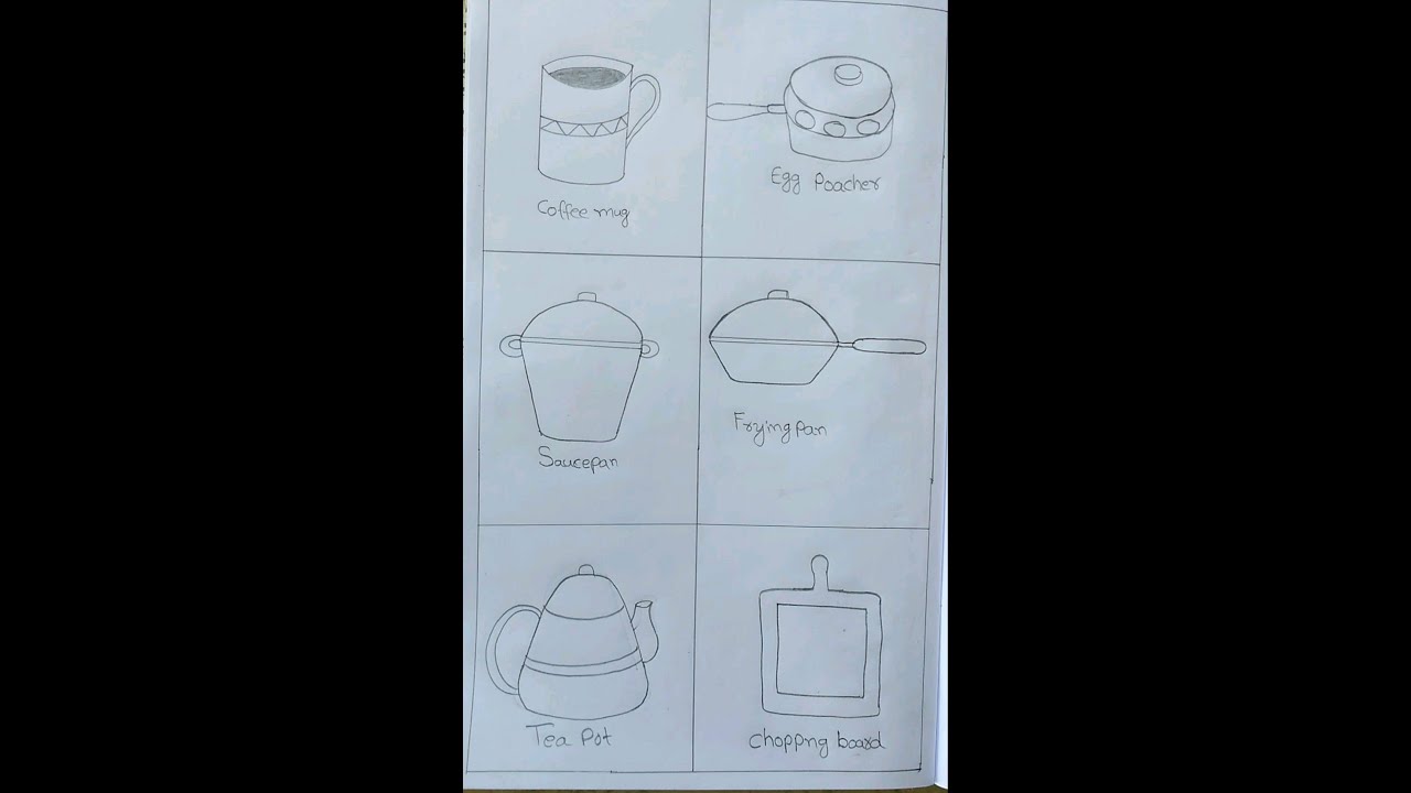 Easy and simple Kitchen utensils drawing coffee mug, egg poacher