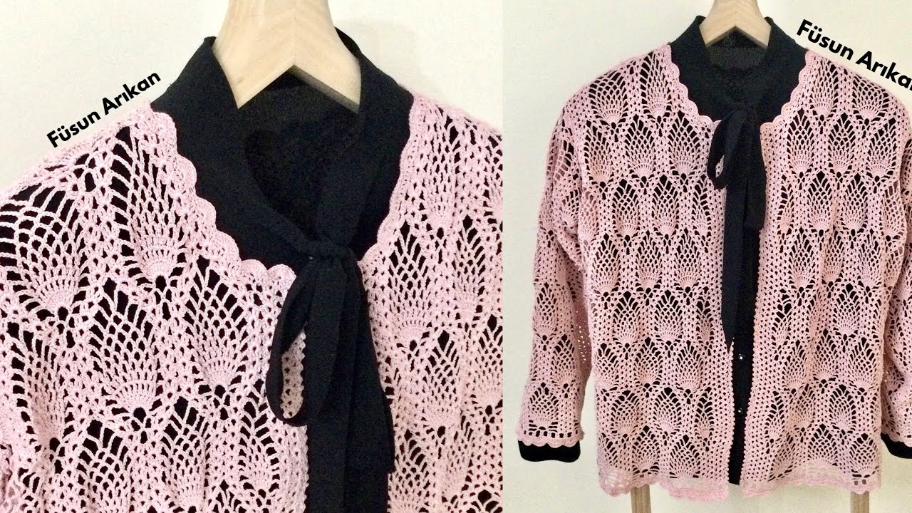 КАРДИГАН С УЗОРОМ ЛИСТОЧЕК И АНАНАСОВ, ВЯЗАНЫЙ КРЮЧКОМ