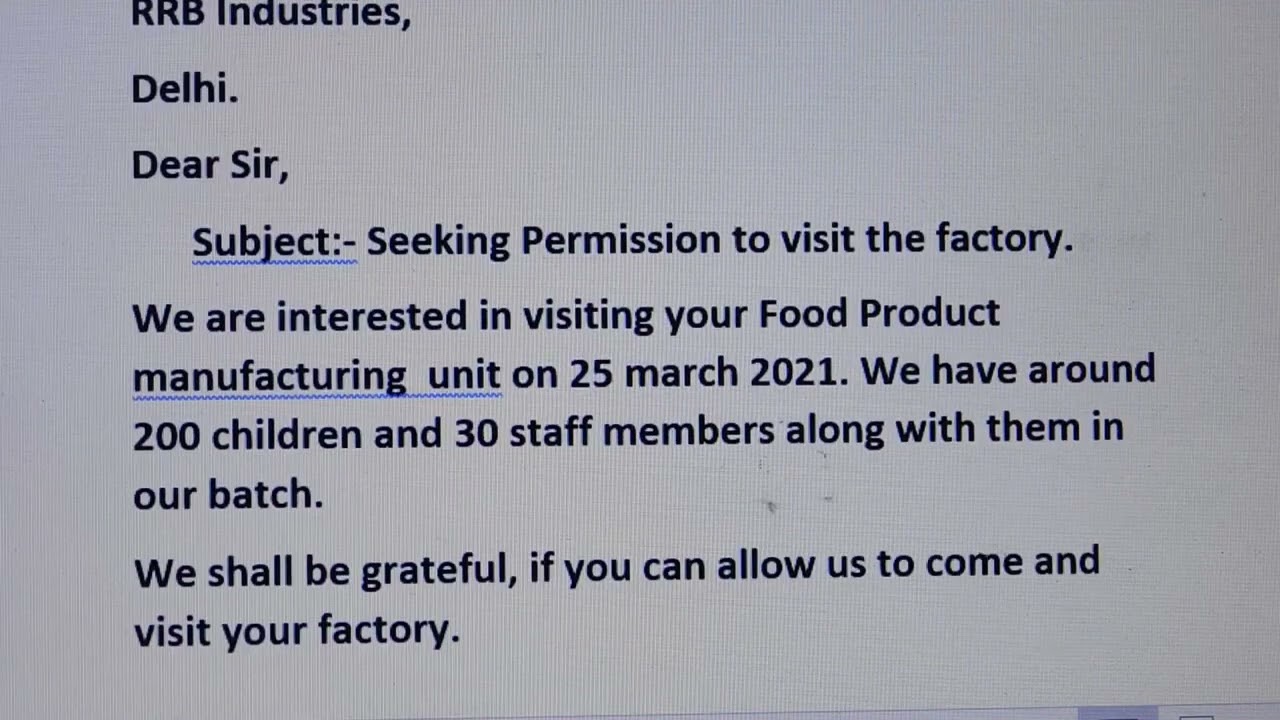 letter to manager for permission to visit factory