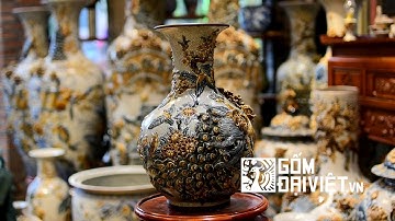 Bình tỏi công đào đắp nổi men rạn Bát Tràng