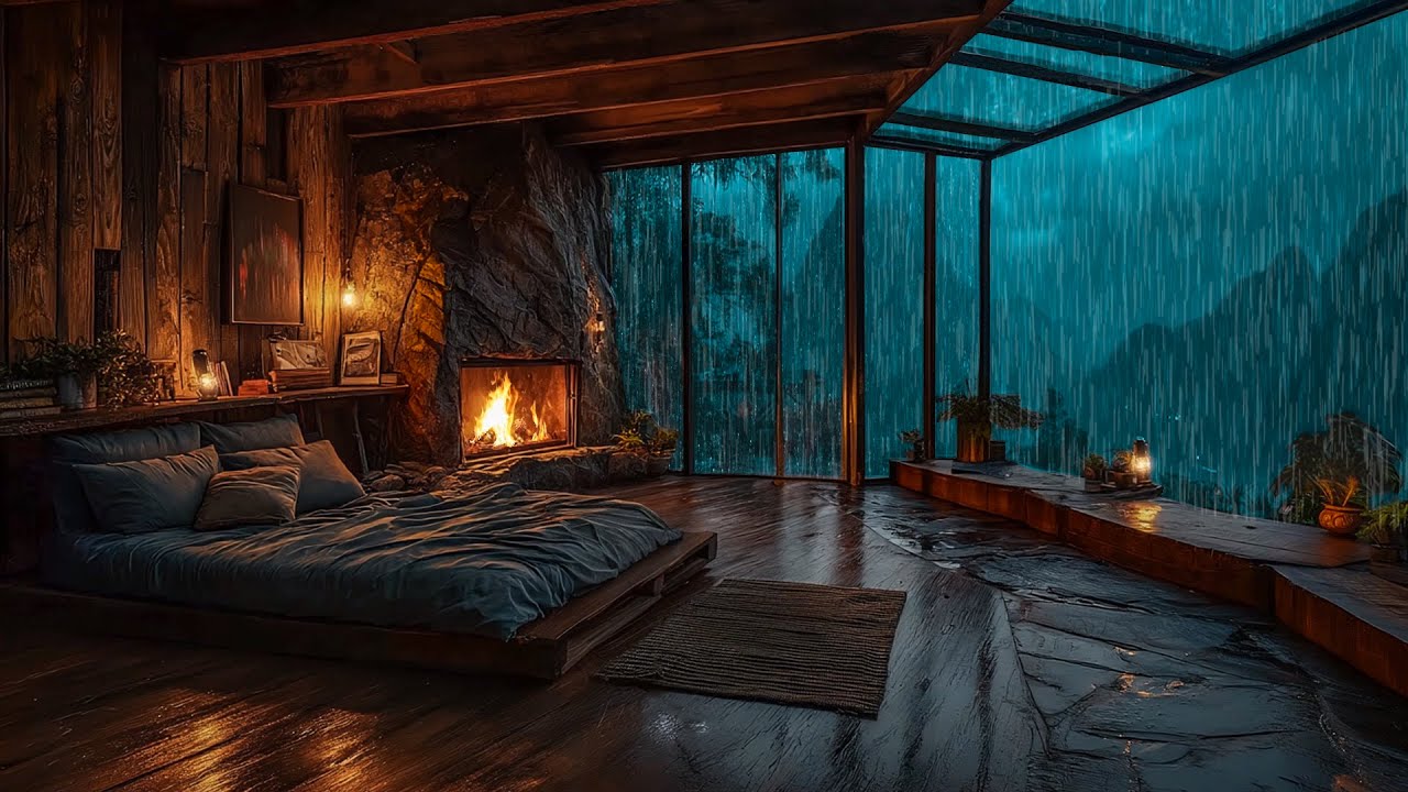 Rain Ambience and Crackling Fireplace 🌧️ Peaceful Cabin Night for Deep ...