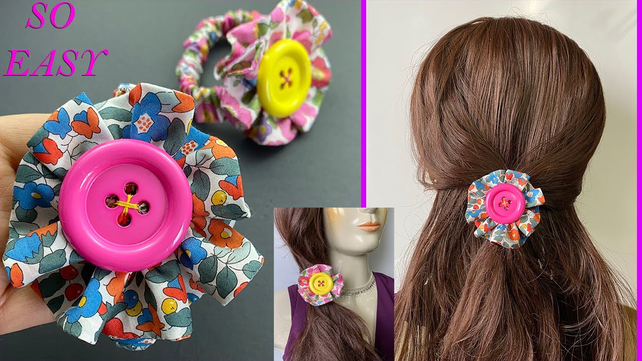 💖 How to Make Fabric Scrunchie Button Charm Flower Bracelet /  Hair Tie | pulseira / laço de cabelo