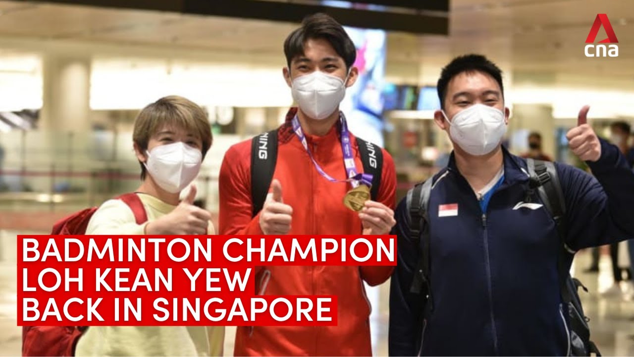 Singapore badminton champion Loh Kean Yew arrives at Changi Airport