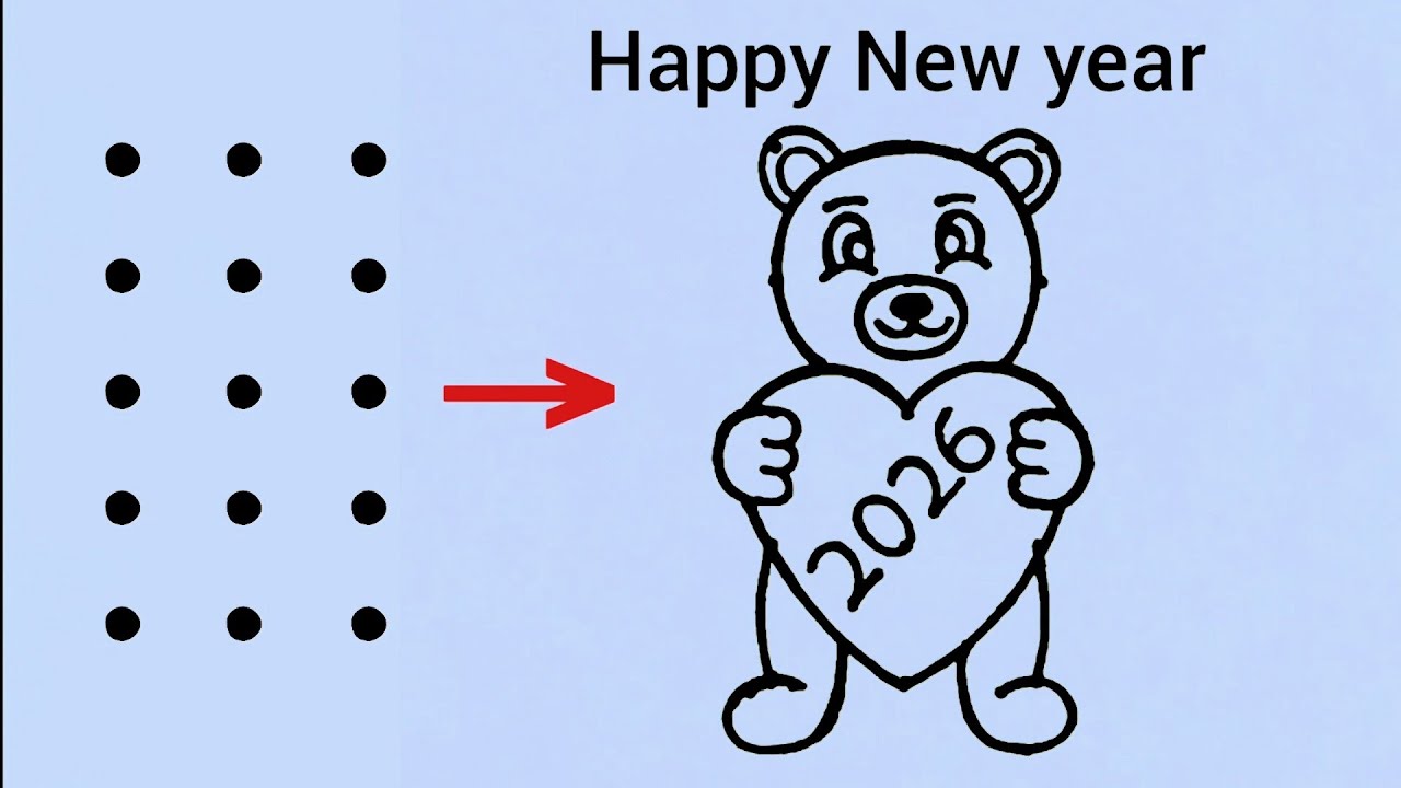 Easy Teddy bear drawing // Easy Happy New year drawing from 5×3 dots // Easy New year Rangoli