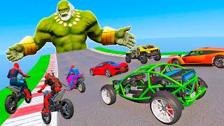 DESAFIO DE CARROS e MOTOS vs HULK MAESTRO com HOMEM ARANHA e NOVOS HERÓIS - GTA V