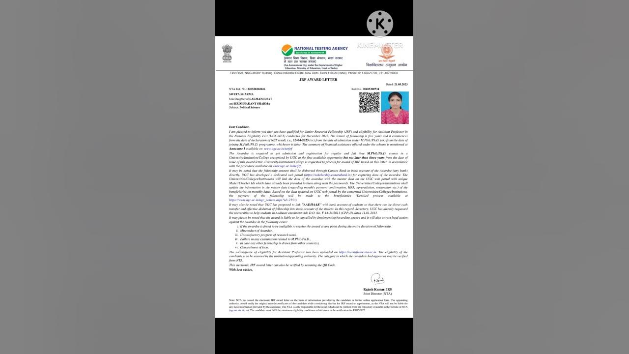 my ugc net e - certificate and jrf award letter - YouTube