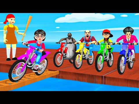 Scary Teacher 3D vs Squid Game All Terrain Vehicle Climbing Wooden Ladder 5 Times Challenge Who Win?