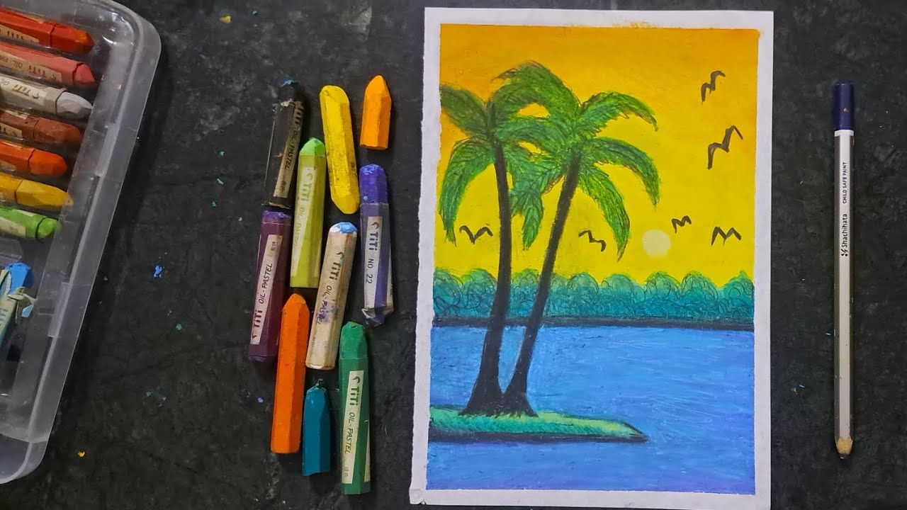 How To Draw Beautiful Sunset In The Beach | Easy Sunset Scenery Drawing ...