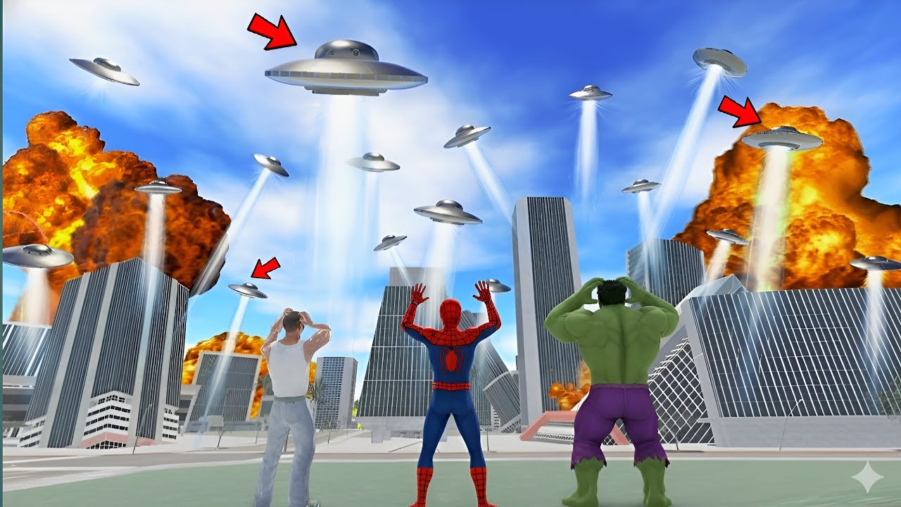 🔥UFOs Attack the City!! Can Spider-Man and Hulk Save Everyone | Indian Bike Driving 3D @HeligamerSSS