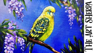 Budgie bird and Wisteria Flower 🌟🎨 How to paint acrylics for beginners: Paint Night at Home