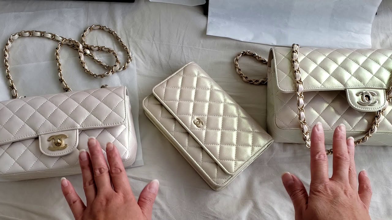 CHANEL classic flap handbag unboxing and review, small white caviar