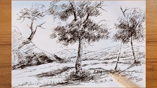 How to draw Landscape scenery.  Pen sketch drawing with sketch