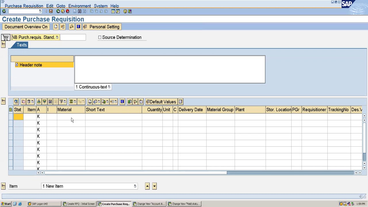 account assignment purchase requisition table sap