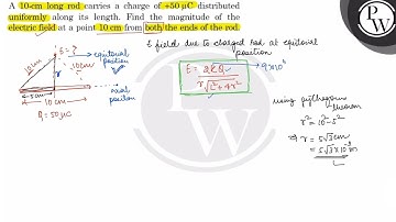 A \( 10-\mathrm{cm} \) long rod carries a charge of \( +50 \mu \mathrm{C} \) distributed uniform...