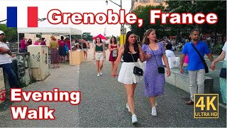 Grenoble, France 🇫🇷 Street Walk 4K 2023. Summer Evening Walk nightlife (bars, restaurants)