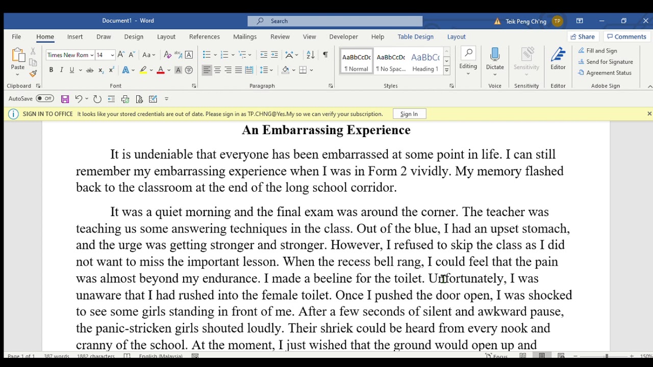 an embarrassing experience short essay