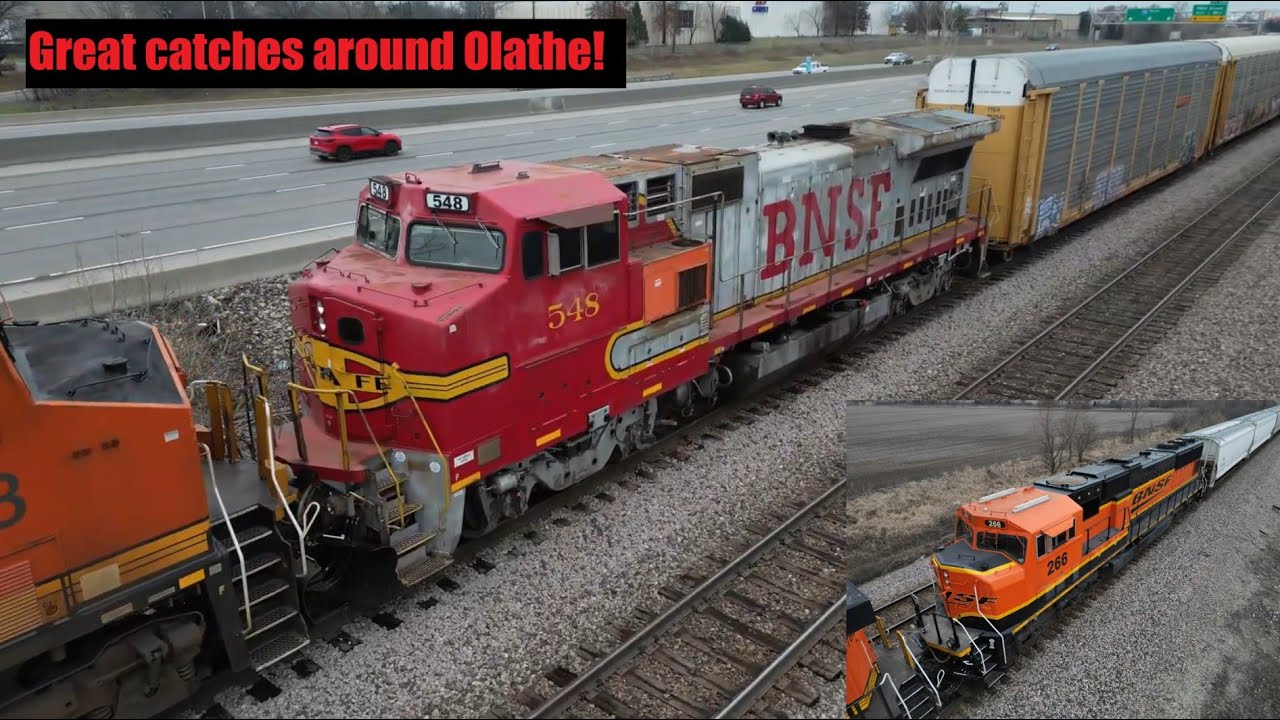 BNSF trains around Olathe, KS ft warbonnet B40, spotless SD75, BN GP38 headed for scrap and more!