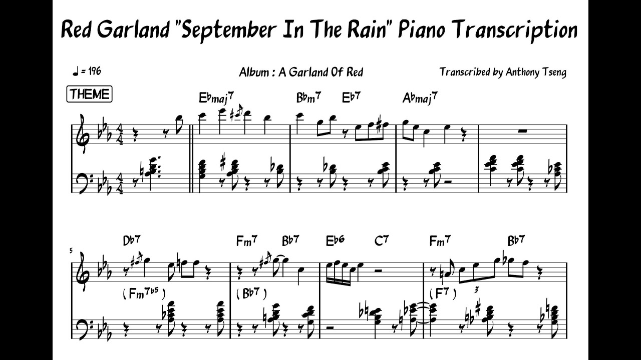 Red Garland "September In The Rain" Piano Transcription YouTube