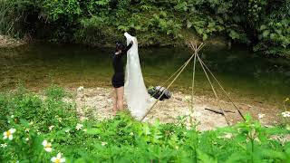 RELAXING AT THE WATERFALL ASMR . SOLO camping YOUNG GIRL. HEALING SOUNDS OF NATURE