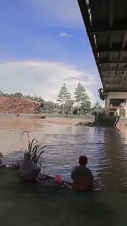 viral kapal tongkang muat kayu nyebrang jembatan