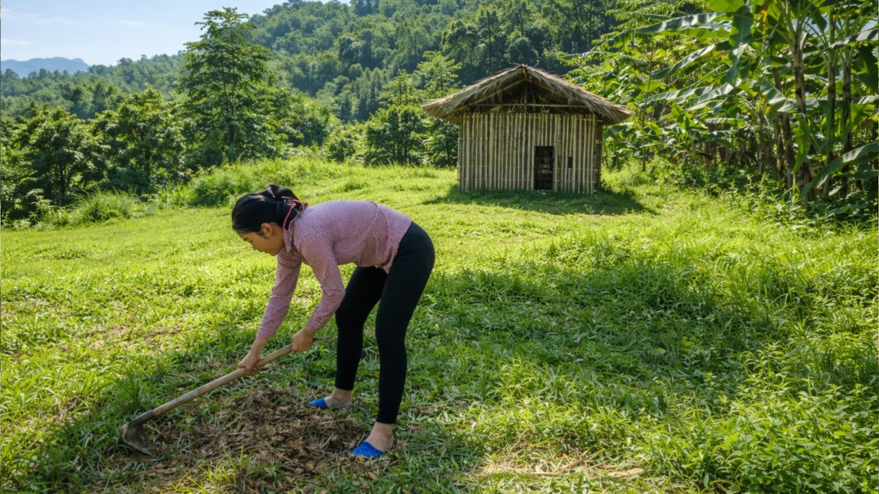 Single mother Ly Tieu Phuong cleans her garden and house in the last days of the year.