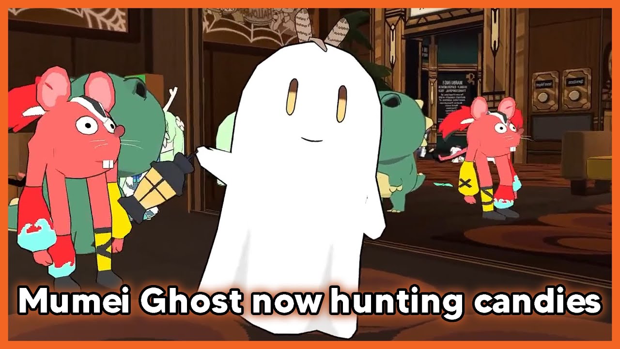 cute "Mumei Ghost" waving at you & now she's looking for candies instead of berries
