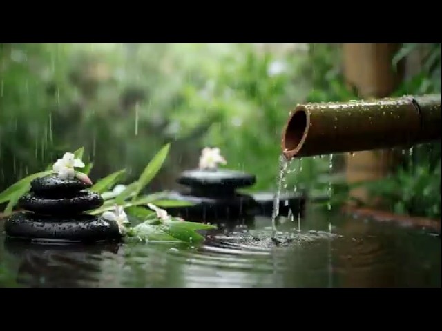 Fall asleep Naturally with Relaxing Music and Rain on Bamboo Water Fountain For Meditation & Sleep