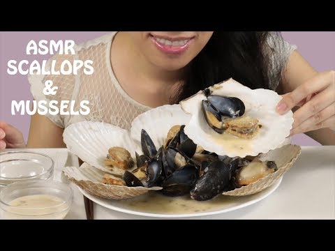 ASMR Eating Steamed Scallops and Mussels with garlic butter wine sauce