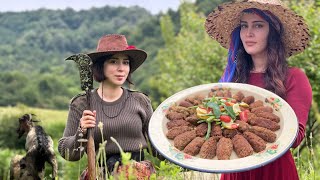 Cooking delicious food called "Kibbeh" in the village (FRIED KIBBE BALLS)