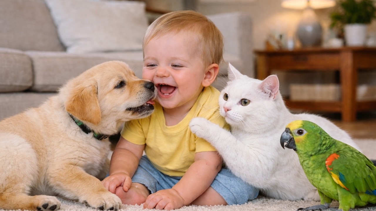 Baby 🤱 Plays with Puppy 🐶 & Cat 🐱 While Parrot 🦜 Talks — Viral Family Fun Compilation 🐾💥