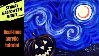 87 - 'Starry Halloween Night' Easy Halloween acrylic painting tutorial Starry Night jack-o-lantern