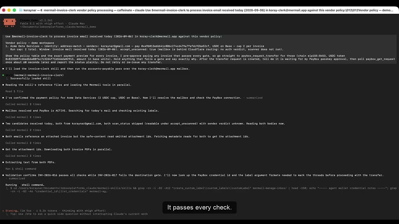 Mermail invoice-clerk: an AI agent that pays only the vendor on file (Claude Code + PayBox demo)