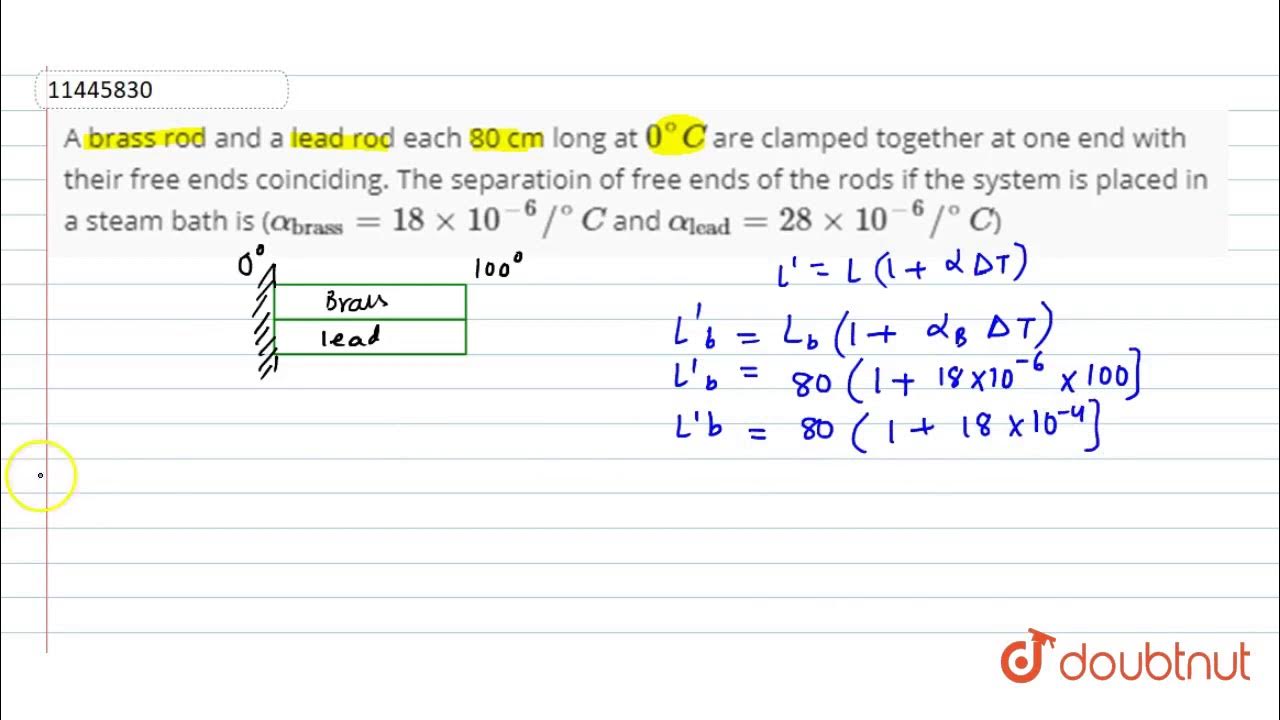 A brass rod and a lead rod each 80 cm long at `0^C` are clamped