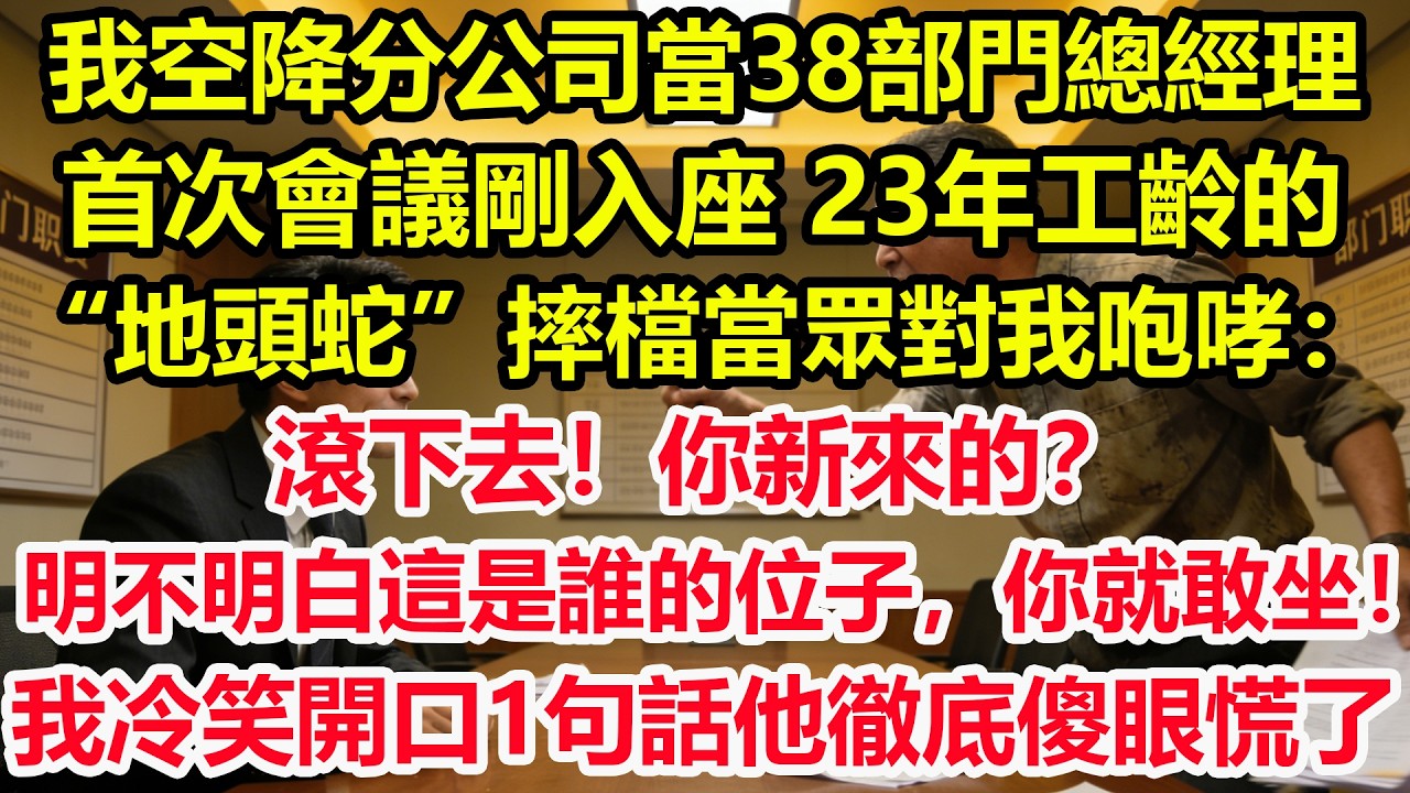 我空降分公司當38部門總經理，首次會議剛入座，23年工齡的“地頭蛇”摔檔當眾對我咆哮：滾下去！你新來的？明不明白這是誰的位子，你就敢坐！我冷笑開口1句話他徹底傻眼慌了！#情感 #爽文 #職場 #生活