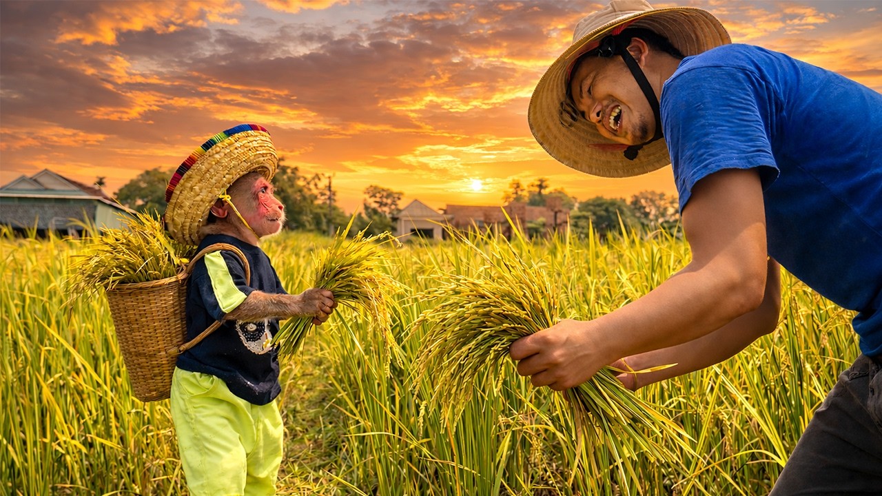 Bibi the Monkey’s Super Cute Reaction While Harvesting Rice with Dad