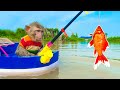 Smart monkey bin bon goes fishing goldfish koi carp primitive garbage truck animal islands